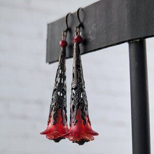 Antique Bronze Red Flower Cone Earrings